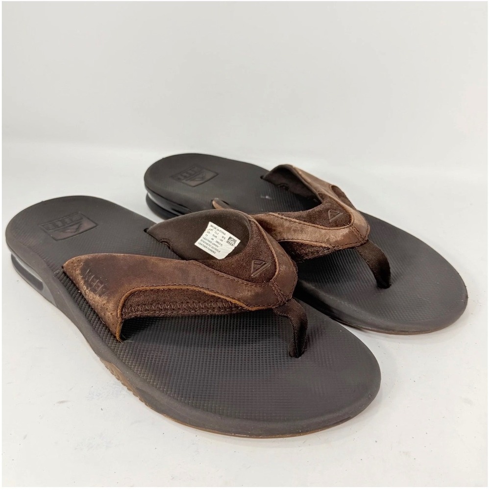 Reef Leather Fanning Dark Brown Men Sandals Flip Flops Bottle Opener US 11 J-21